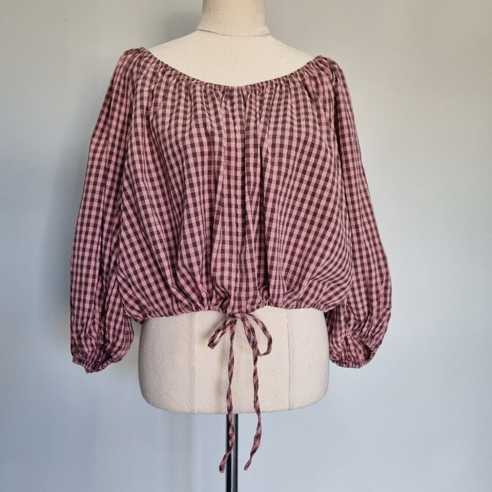Ebby and I Pink & Brown Gingham Oversize Balloon Sleeve Top Size 10 - Picture 2 of 7